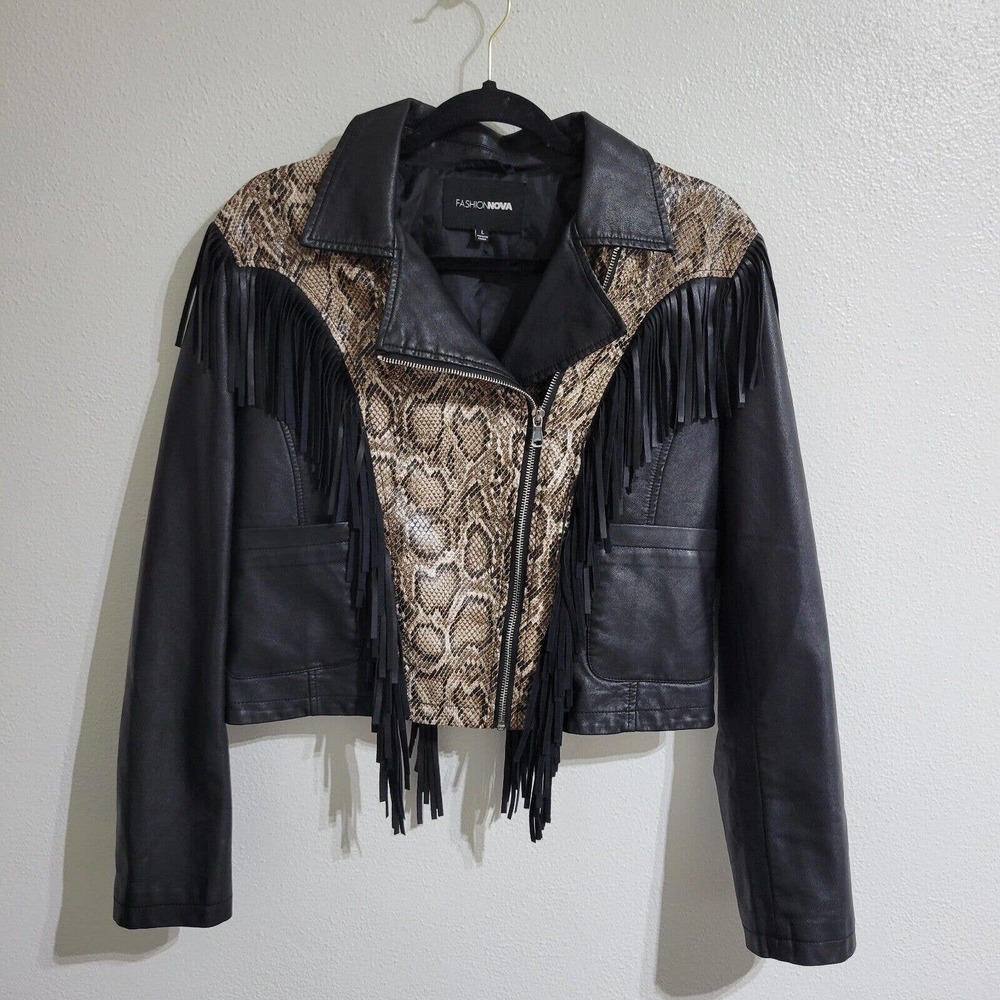 NWOT, Fashion Nova Fringe Moto Jacket Women's Lg Snake Print, Nice w/Pockets